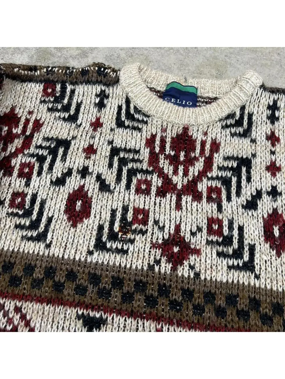 vintage grey burgandy and beige striped knit sweater size large HAS HOLE
